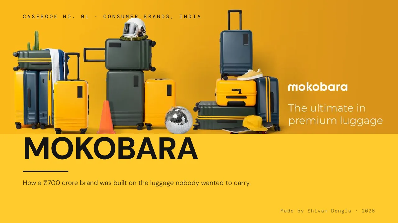 Mokobara casebook cover: yellow and olive suitcases on an amber background